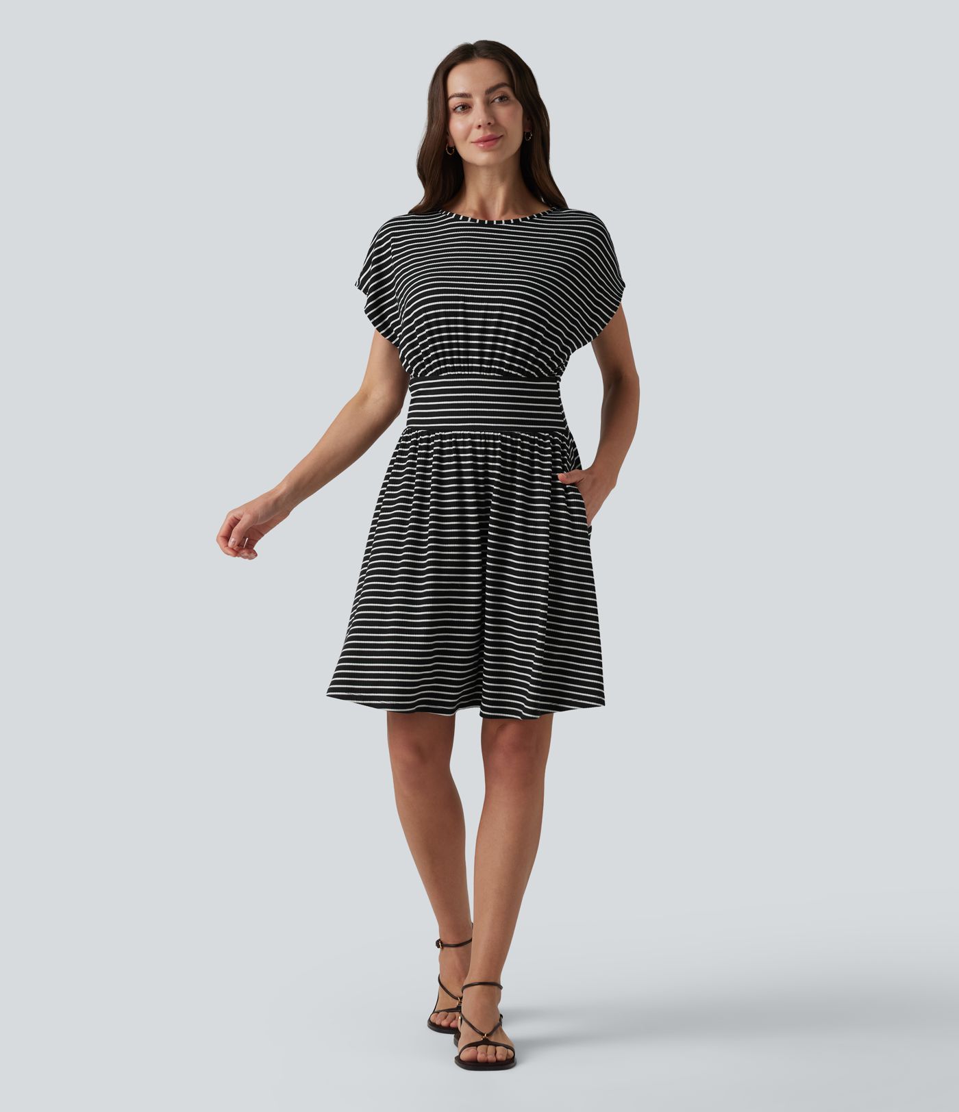 Round Neck Short Sleeve Built-in Bra Stripes Mini Casual Flowy Dress with Pockets