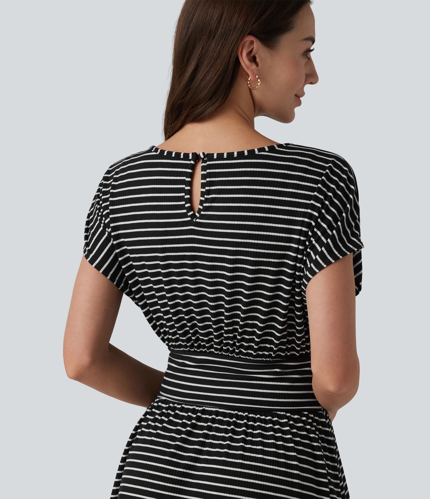 Round Neck Short Sleeve Built-in Bra Stripes Mini Casual Flowy Dress with Pockets
