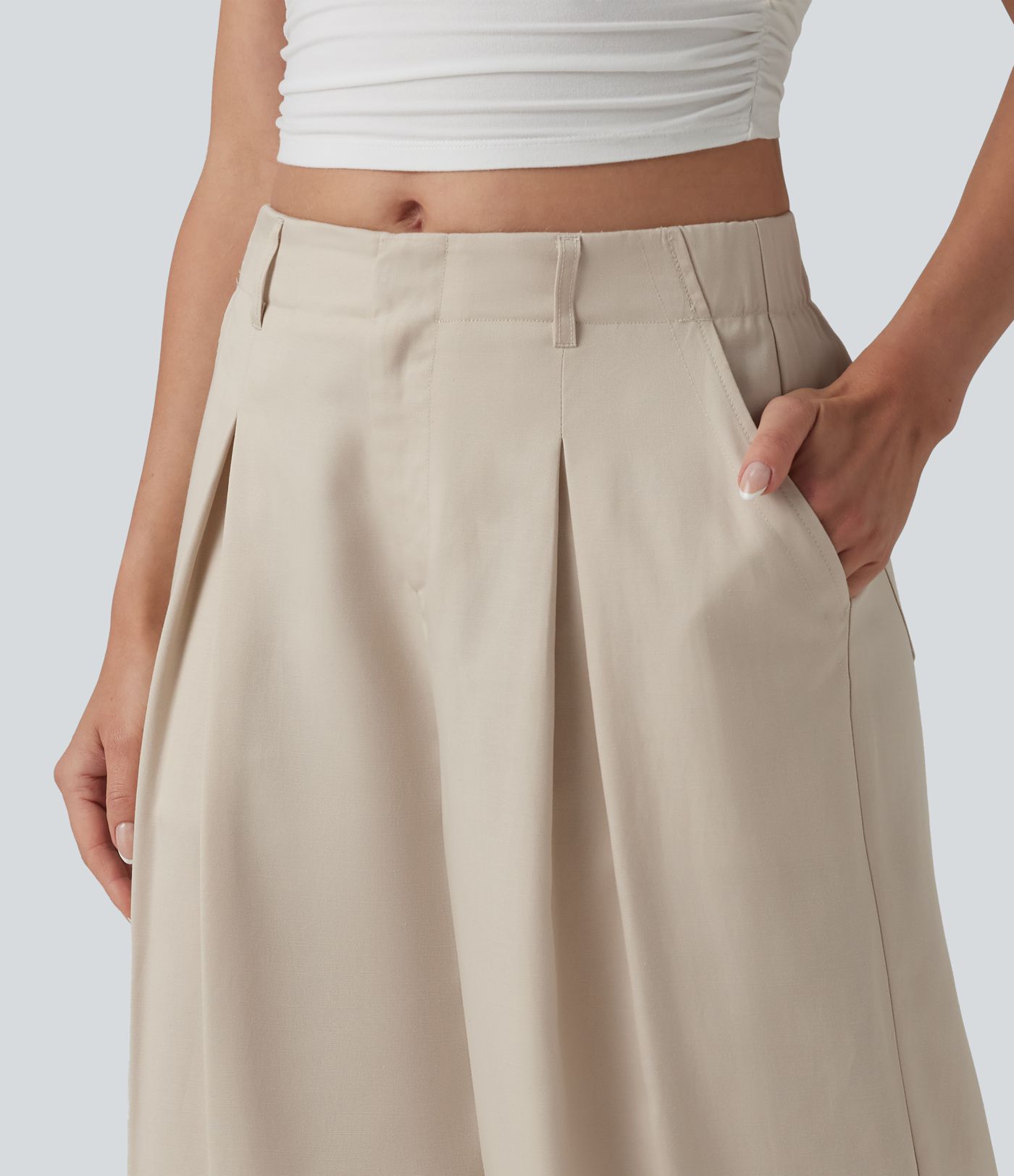 Mid Rise Pleated Lyocell Linen-Blend Casual Baggy Trousers with Pockets