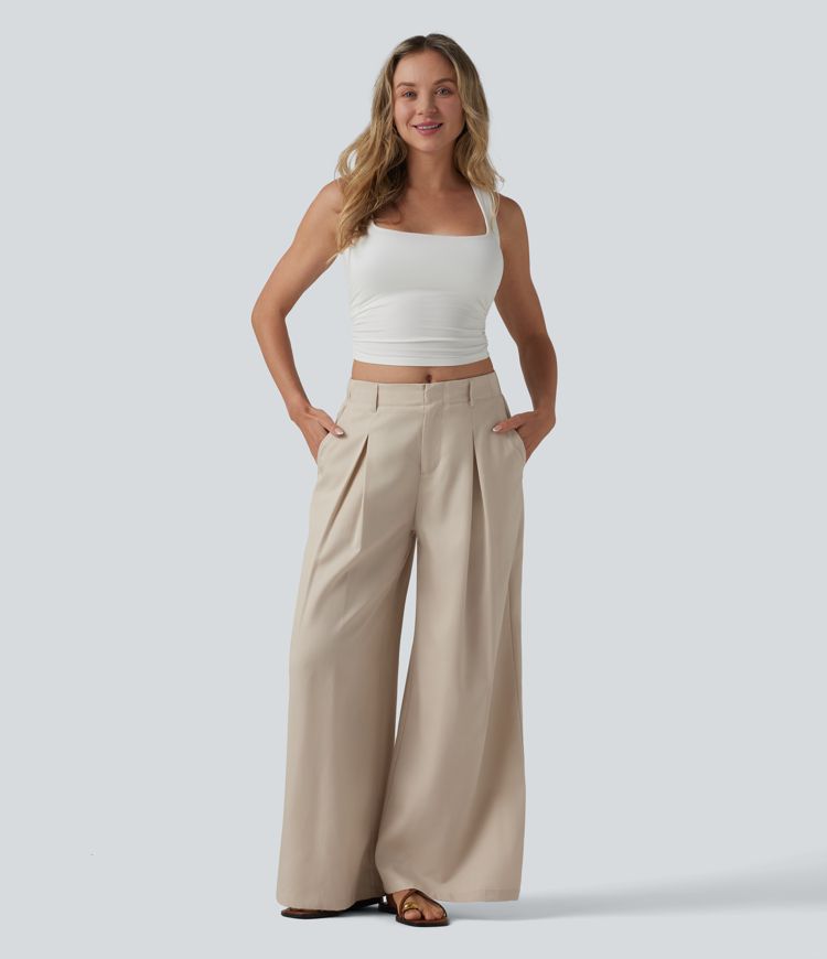 Mid Rise Pleated Lyocell Linen-Blend Casual Baggy Trousers with Pockets