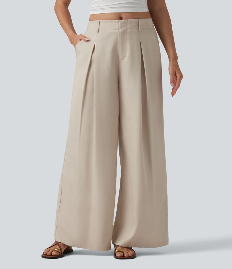 Mid Rise Pleated Lyocell Linen-Blend Casual Baggy Pants with Pockets