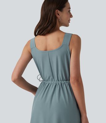 Robe casual midi sans manches à col en V avec poches Robe casual midi sans manches à col en V avec poches