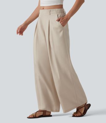 Mid Rise Pleated Lyocell Linen-Blend Casual Baggy Trousers with Pockets