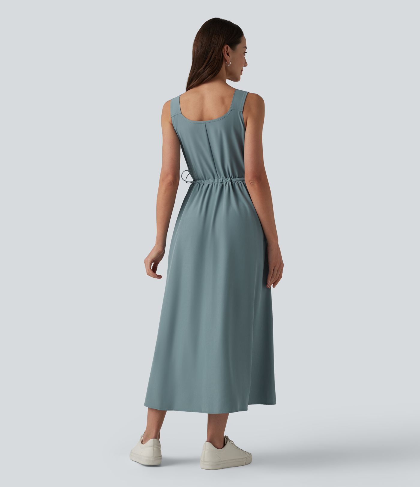 Robe casual midi sans manches à col en V avec poches Robe casual midi sans manches à col en V avec poches
