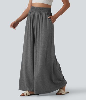 High Waisted Flowy Heathered Resort Baggy Pants with Pockets