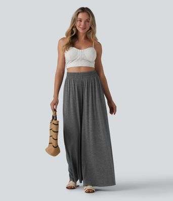 High Waisted Flowy Heathered Resort Baggy Pants with Pockets