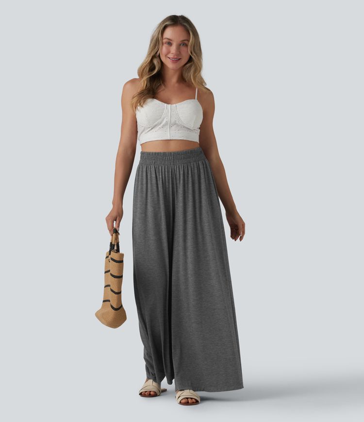 High Waisted Flowy Heathered Resort Baggy Pants with Pockets
