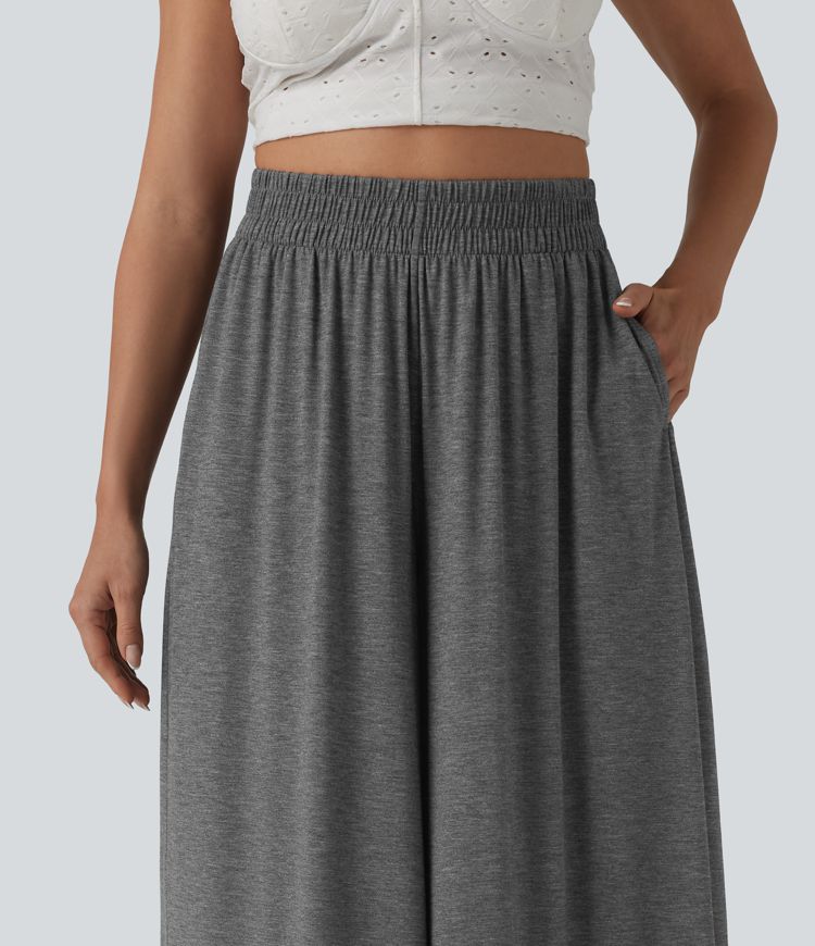 High Waisted Flowy Heathered Resort Baggy Pants with Pockets