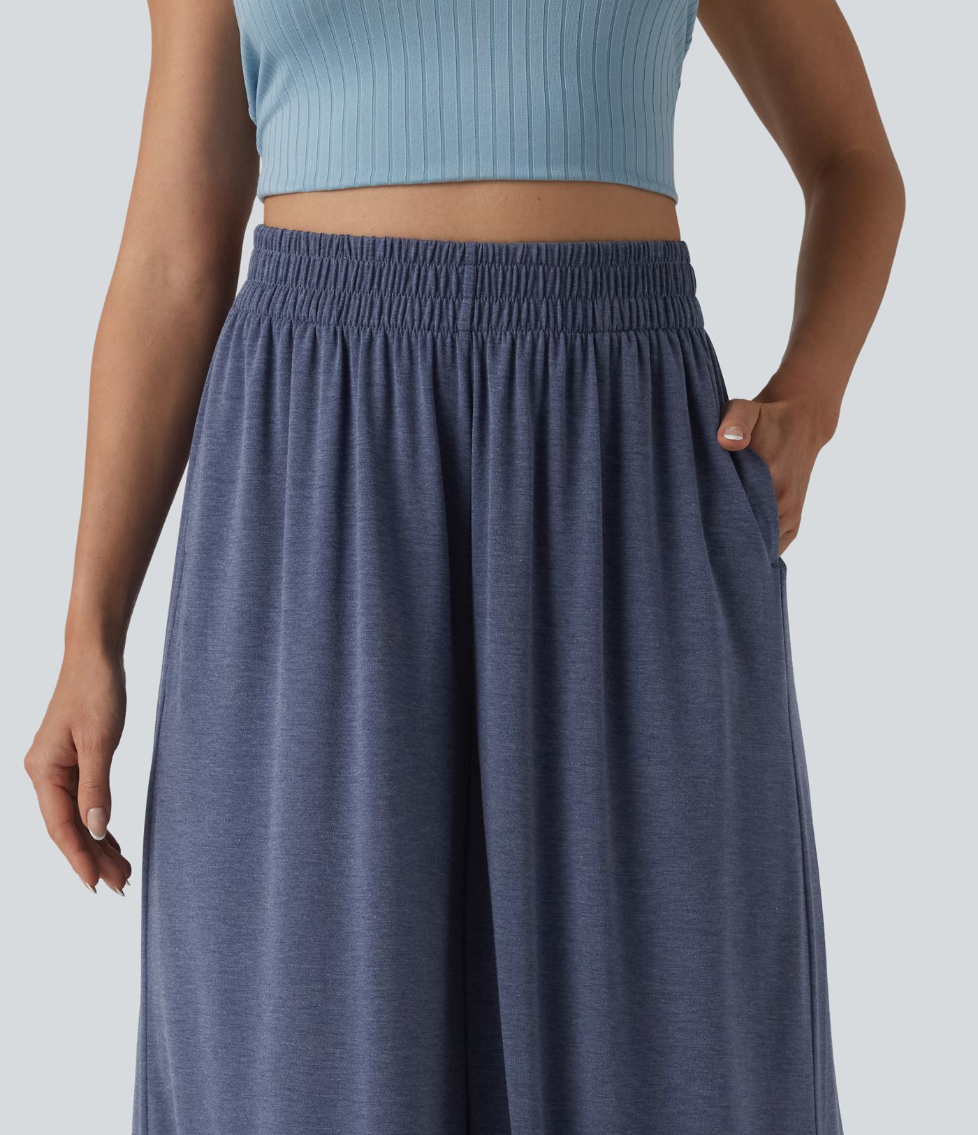 High Waisted Flowy Heathered Resort Baggy Pants with Pockets