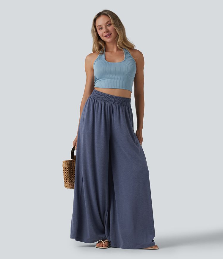 High Waisted Flowy Heathered Resort Baggy Pants with Pockets