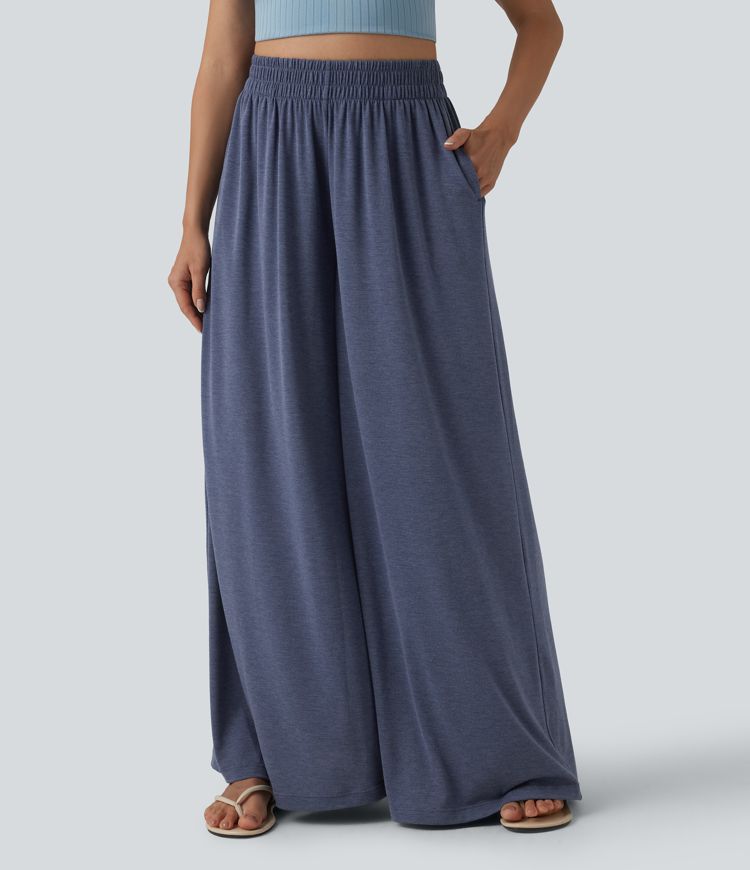 High Waisted Flowy Heathered Resort Baggy Pants with Pockets