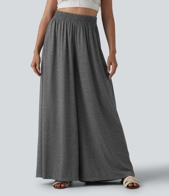 High Waisted Flowy Heathered Resort Baggy Pants with Pockets
