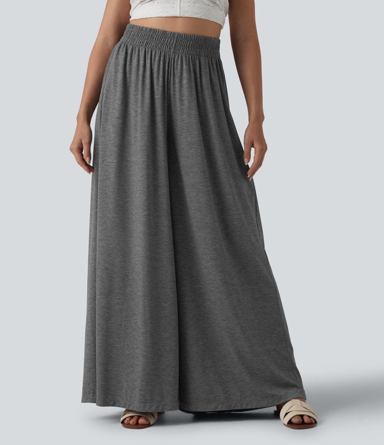High Waisted Flowy Heathered Resort Baggy Pants with Pockets