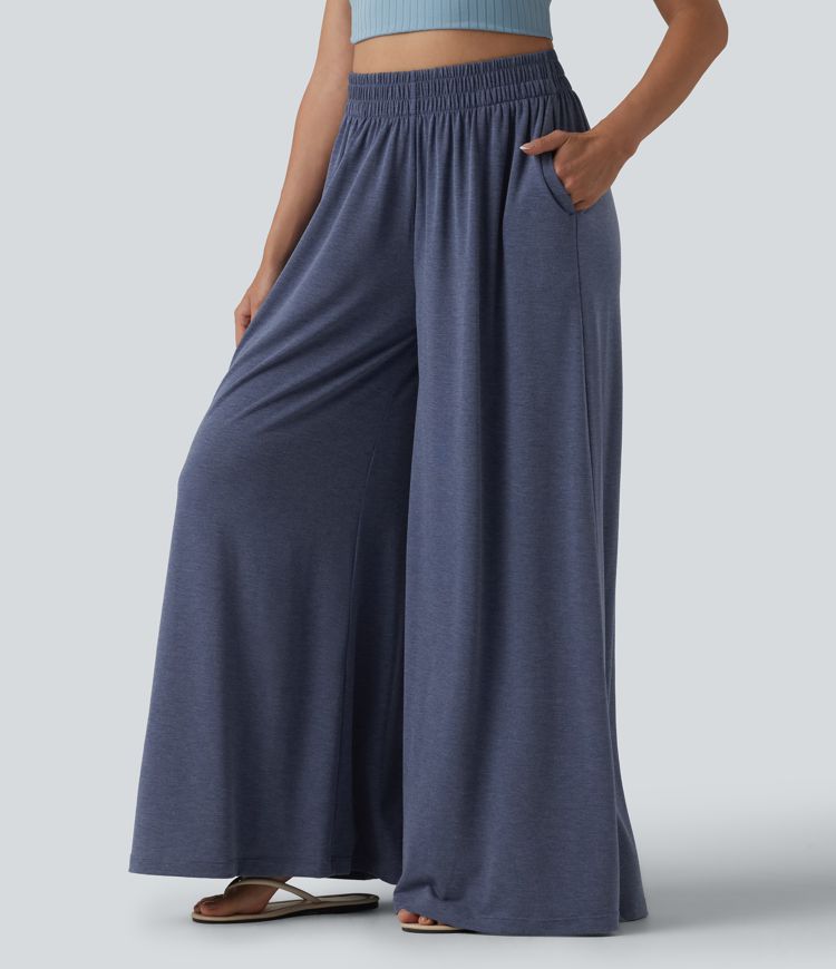 High Waisted Flowy Heathered Resort Baggy Pants with Pockets