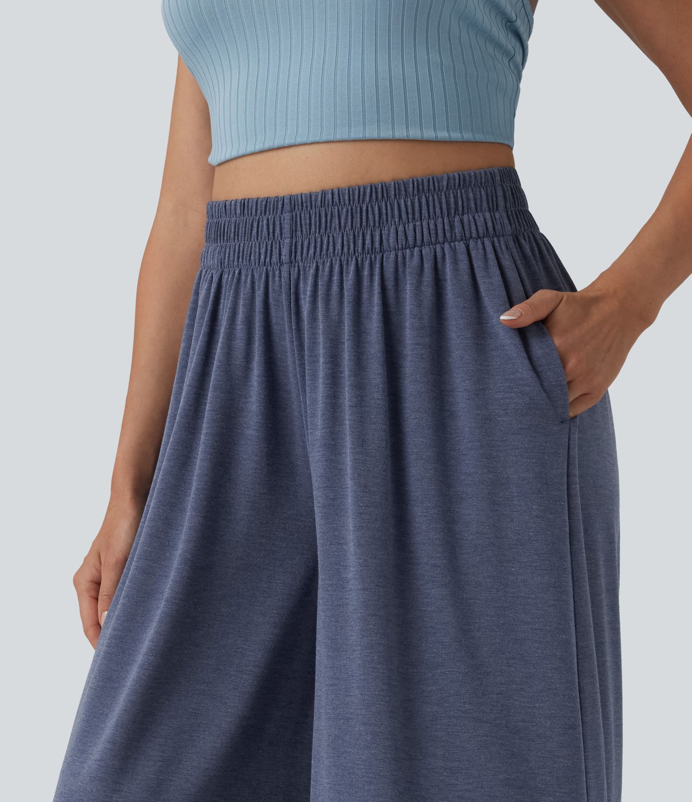 High Waisted Flowy Heathered Resort Baggy Pants with Pockets