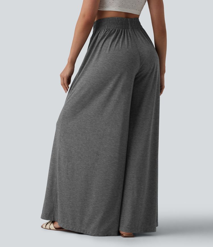 High Waisted Flowy Heathered Resort Baggy Pants with Pockets