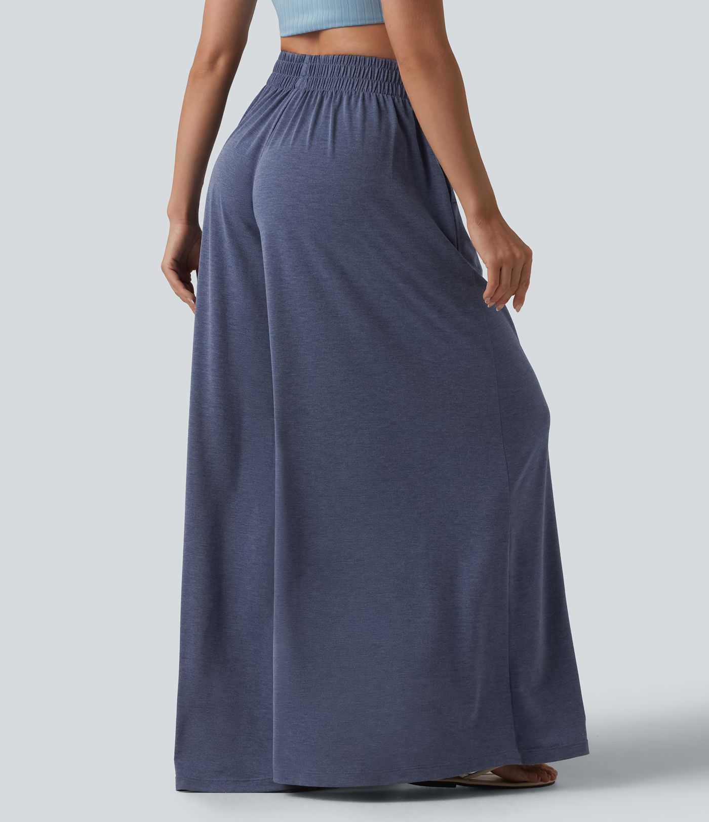 High Waisted Flowy Heathered Resort Baggy Pants with Pockets