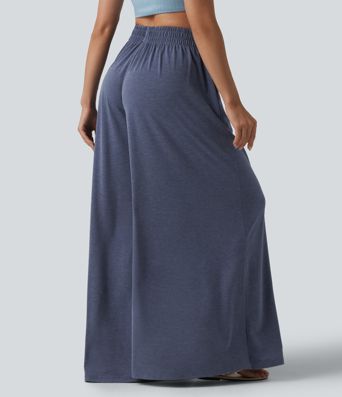 High Waisted Flowy Heathered Resort Baggy Pants with Pockets