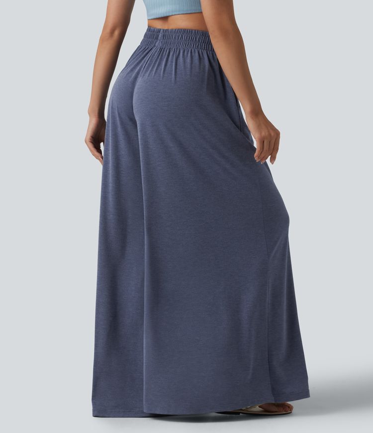 High Waisted Flowy Heathered Resort Baggy Pants with Pockets