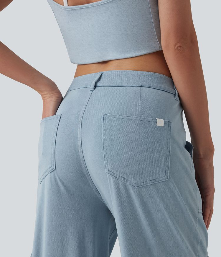 Halara Flex™ Mid Rise Draped Lyocell Washed Casual Straight Leg Cargo Jeans with Pockets