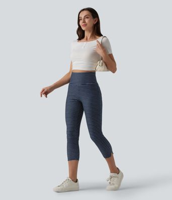 Halara Flex™ High Waisted Tummy Control Split Stripes Denim Casual Capri Leggings with Pockets