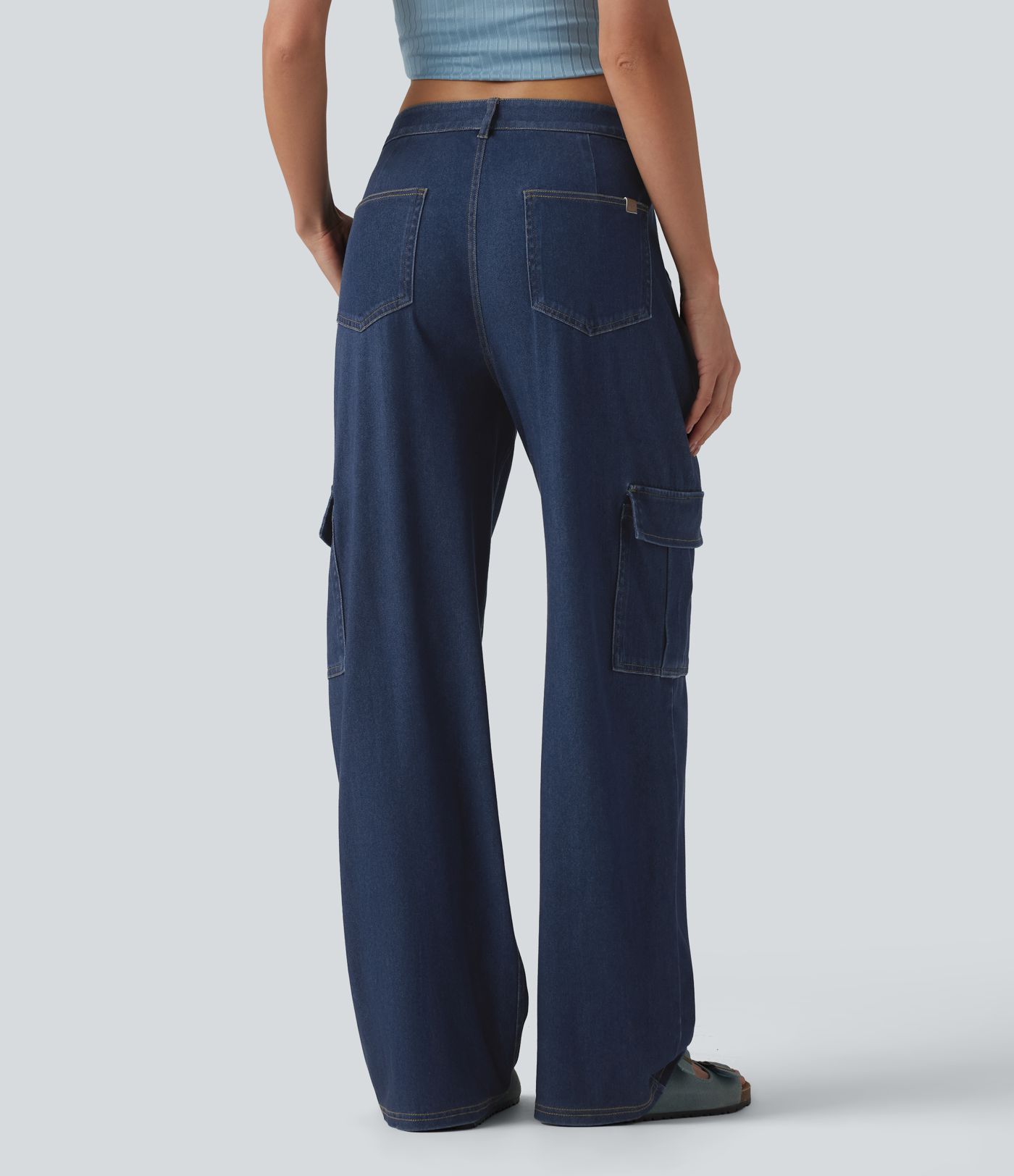 Halara Flex™ cargo-jeans i drapert lyocell, middels høy midje, vasket, avslappet, rett ben, med lommer