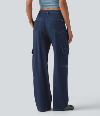 Halara Flex™ cargo-jeans i drapert lyocell, middels høy midje, vasket, avslappet, rett ben, med lommer
