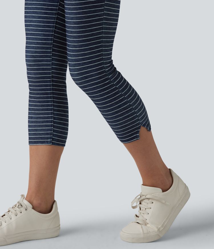Halara Flex™ High Waisted Tummy Control Split Stripes Denim Casual Capri Leggings with Pockets