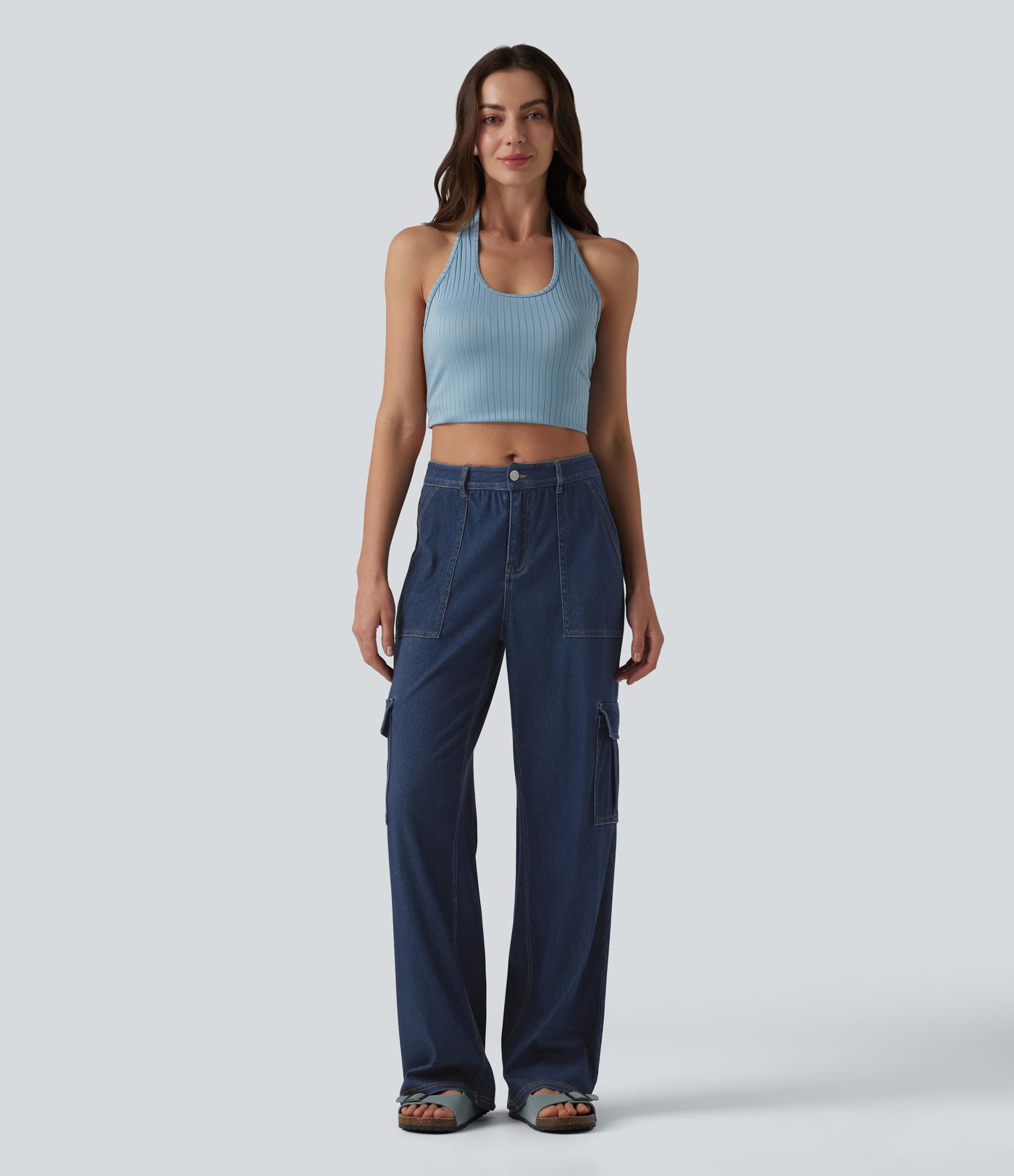 Halara Flex™ cargo-jeans i drapert lyocell, middels høy midje, vasket, avslappet, rett ben, med lommer