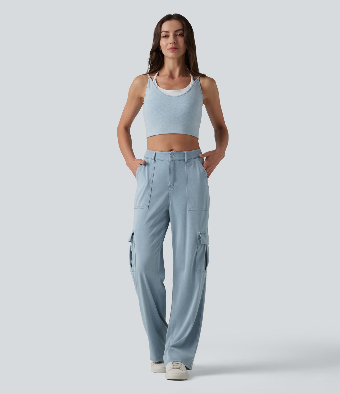 Halara Flex™ Mid Rise Draped Lyocell Washed Casual Straight Leg Cargo Jeans with Pockets