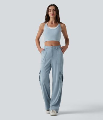 Halara Flex™ Mid Rise Draped Lyocell Washed Casual Straight Leg Cargo Jeans with Pockets