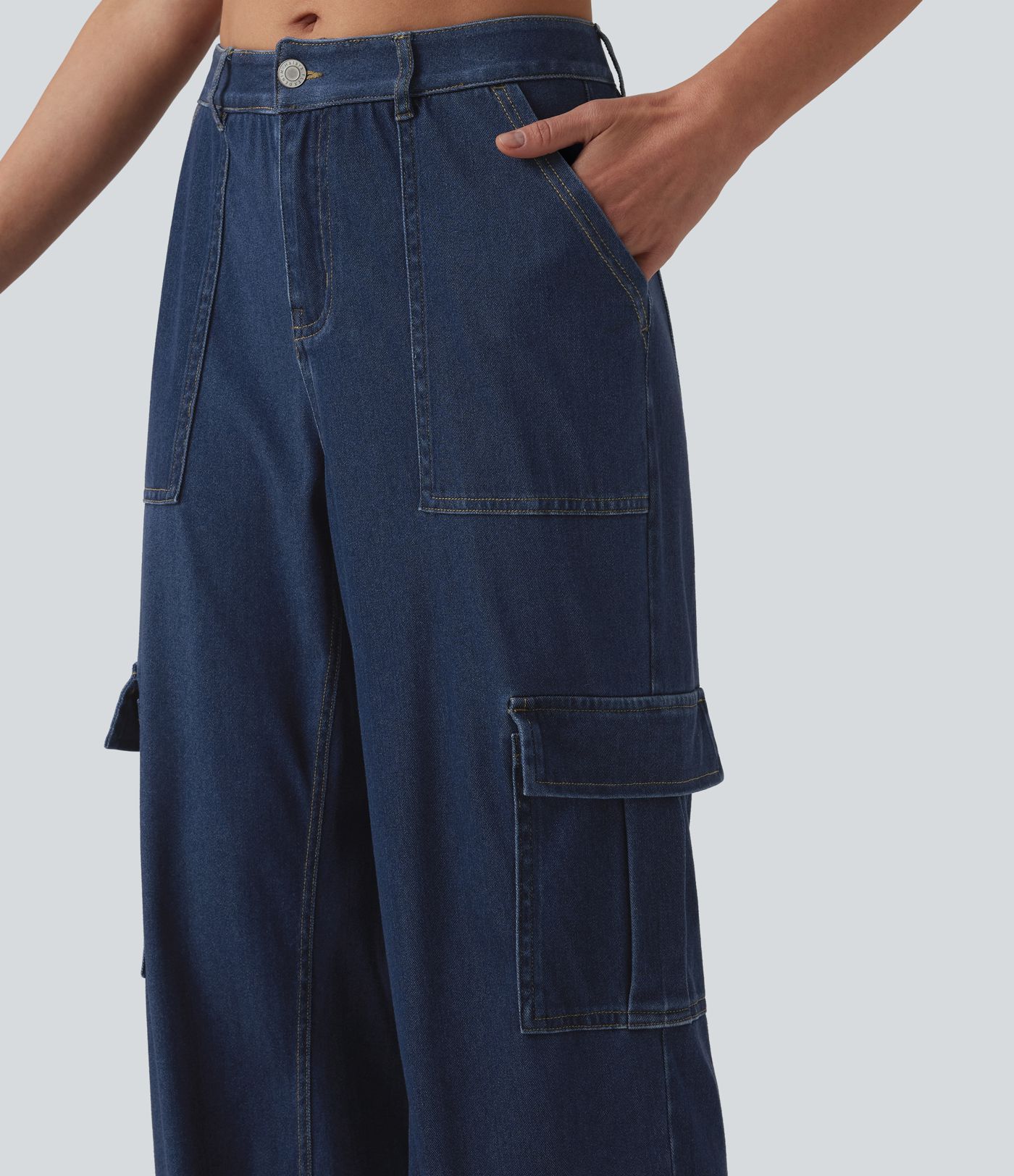 Halara Flex™ cargo-jeans i drapert lyocell, middels høy midje, vasket, avslappet, rett ben, med lommer