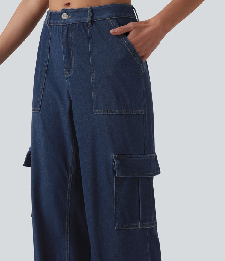 Halara Flex™ cargo-jeans i drapert lyocell, middels høy midje, vasket, avslappet, rett ben, med lommer