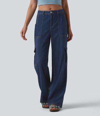 Halara Flex™ cargo-jeans i drapert lyocell, middels høy midje, vasket, avslappet, rett ben, med lommer