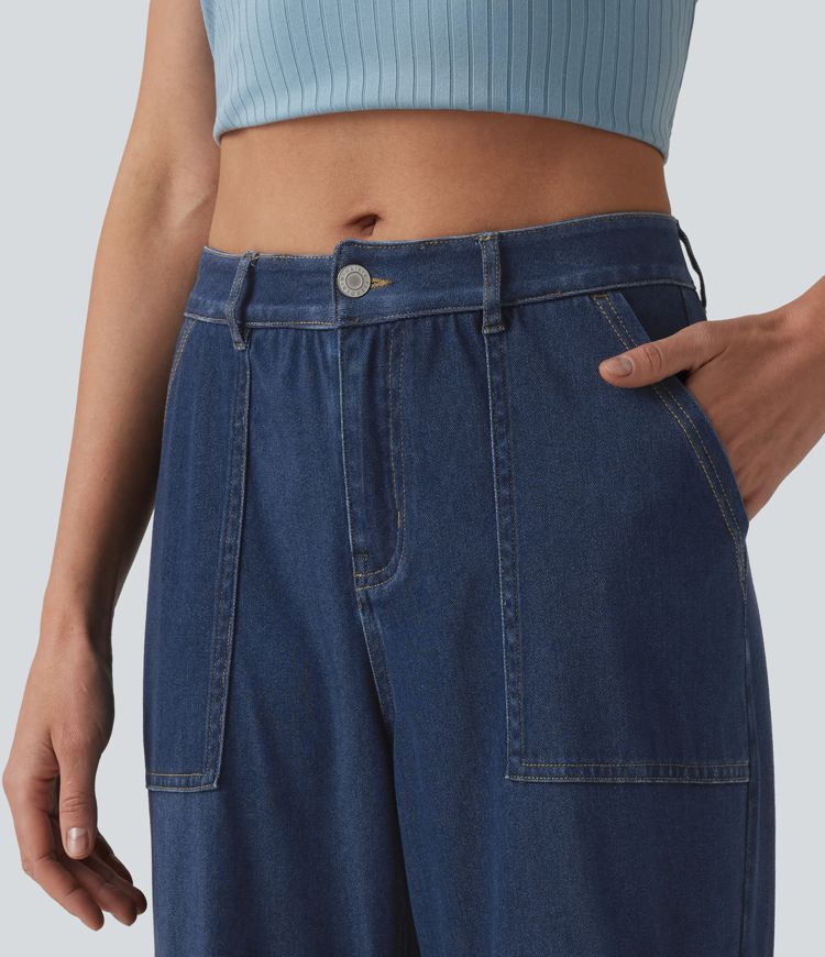 Halara Flex™ cargo-jeans i drapert lyocell, middels høy midje, vasket, avslappet, rett ben, med lommer