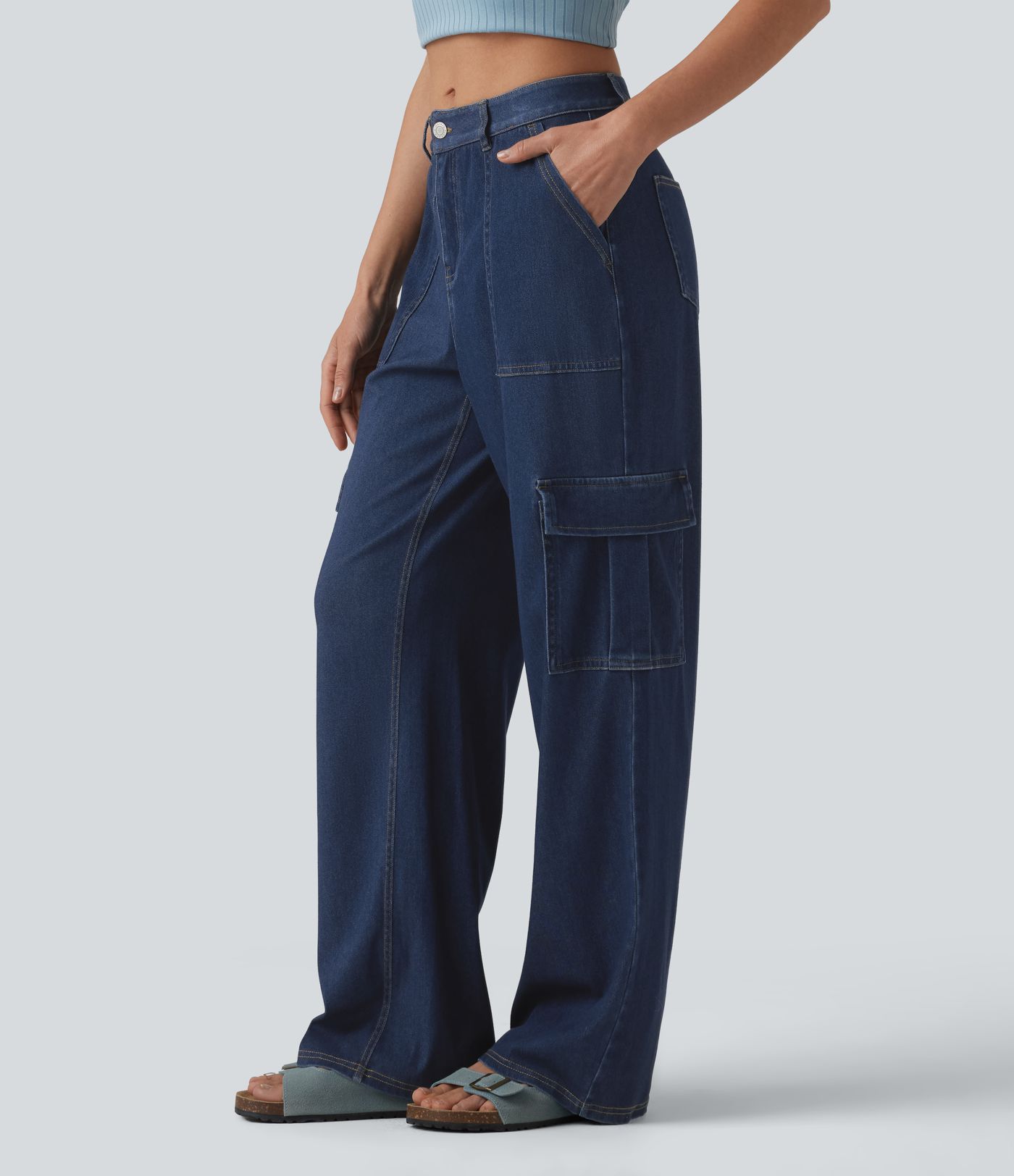 Halara Flex™ cargo-jeans i drapert lyocell, middels høy midje, vasket, avslappet, rett ben, med lommer