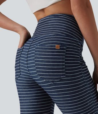 Halara Flex™ High Waisted Tummy Control Split Stripes Denim Casual Capri Leggings with Pockets