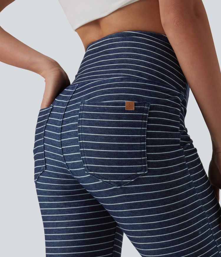 Halara Flex™ High Waisted Tummy Control Split Stripes Denim Casual Capri Leggings with Pockets