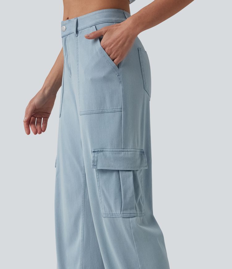 Halara Flex™ Mid Rise Draped Lyocell Washed Casual Straight Leg Cargo Jeans with Pockets
