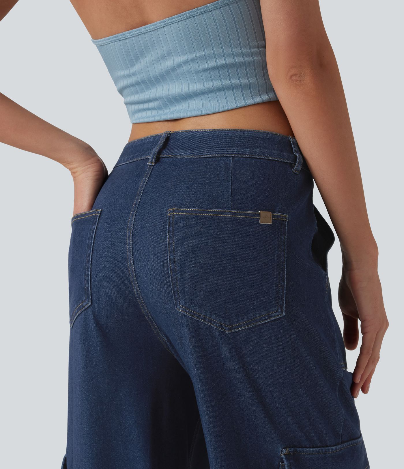 Halara Flex™ cargo-jeans i drapert lyocell, middels høy midje, vasket, avslappet, rett ben, med lommer