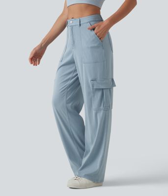 Halara Flex™ Mid Rise Draped Lyocell Washed Casual Straight Leg Cargo Jeans with Pockets
