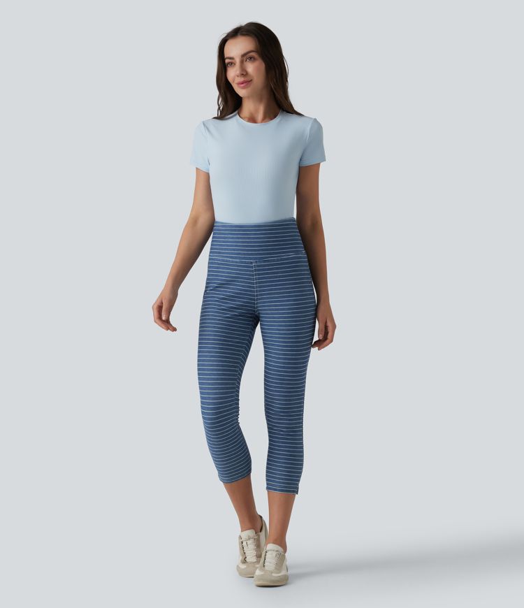 Halara Flex™ High Waisted Tummy Control Split Stripes Denim Casual Capri Leggings with Pockets Halara Flex™ High Waisted Tummy Control Split Stripes Denim Casual Capri Leggings with Pockets