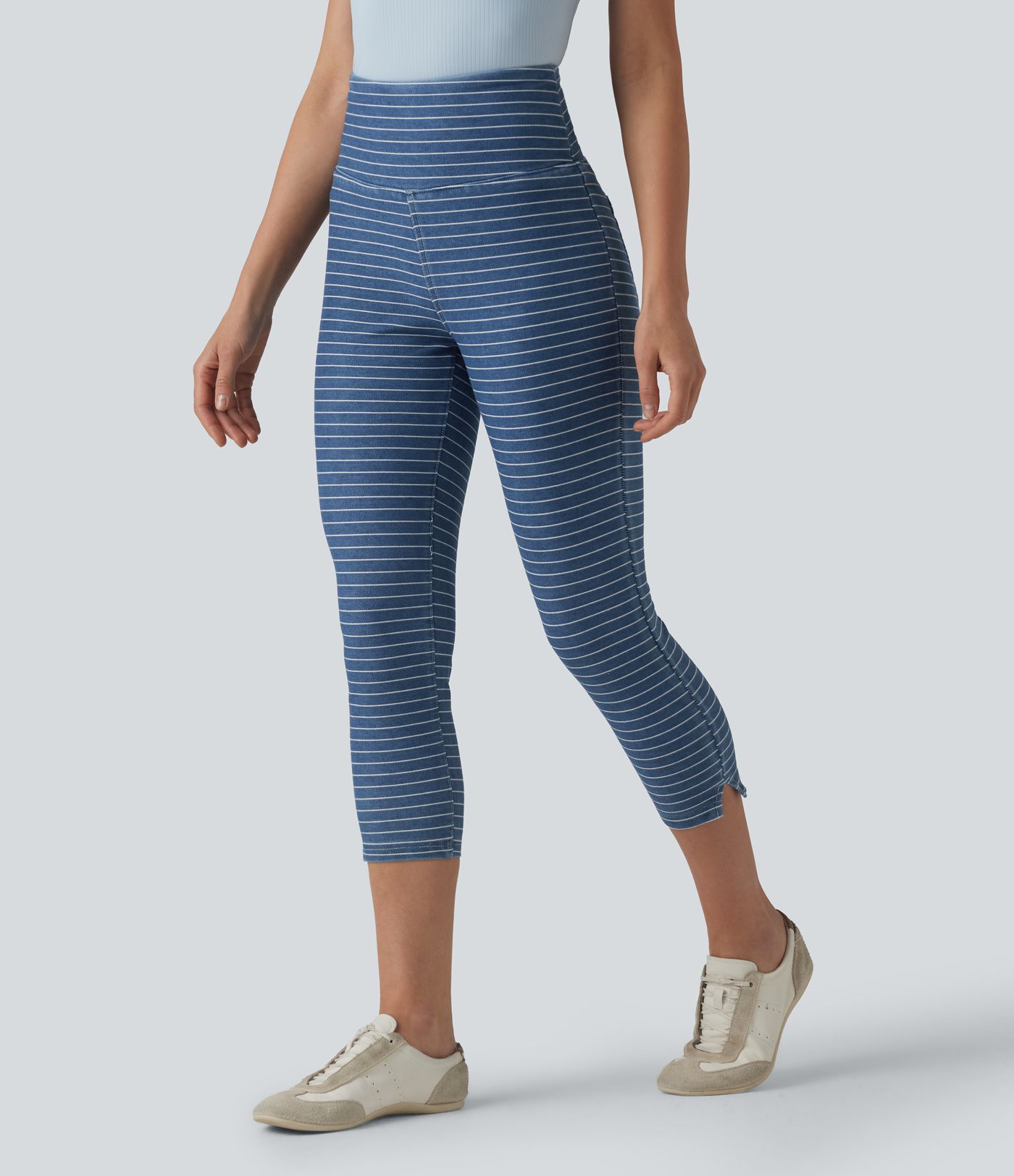 Halara Flex™ High Waisted Tummy Control Split Stripes Denim Casual Capri Leggings with Pockets Halara Flex™ High Waisted Tummy Control Split Stripes Denim Casual Capri Leggings with Pockets