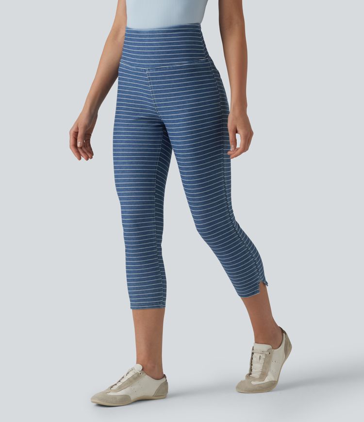 Halara Flex™ High Waisted Tummy Control Split Stripes Denim Casual Capri Leggings with Pockets Halara Flex™ High Waisted Tummy Control Split Stripes Denim Casual Capri Leggings with Pockets