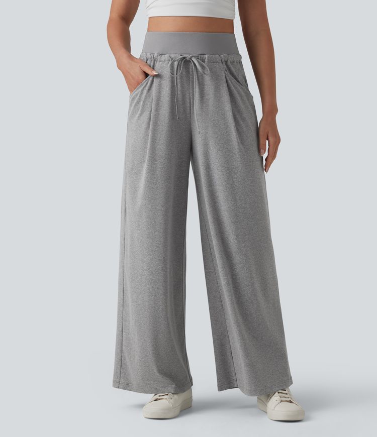 High Waisted Drawstring Pleated Heathered Casual Baggy Pants with Pockets