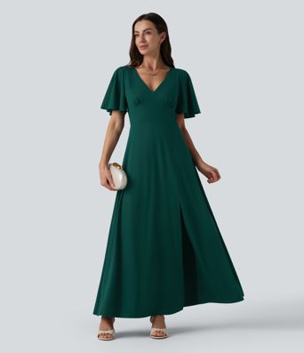 Robe longue fluide de demoiselle d'honneur et d'invitée de mariage, fendue, à manches à volants et décolleté en V profond, avec soutien-gorge intégré et poches.