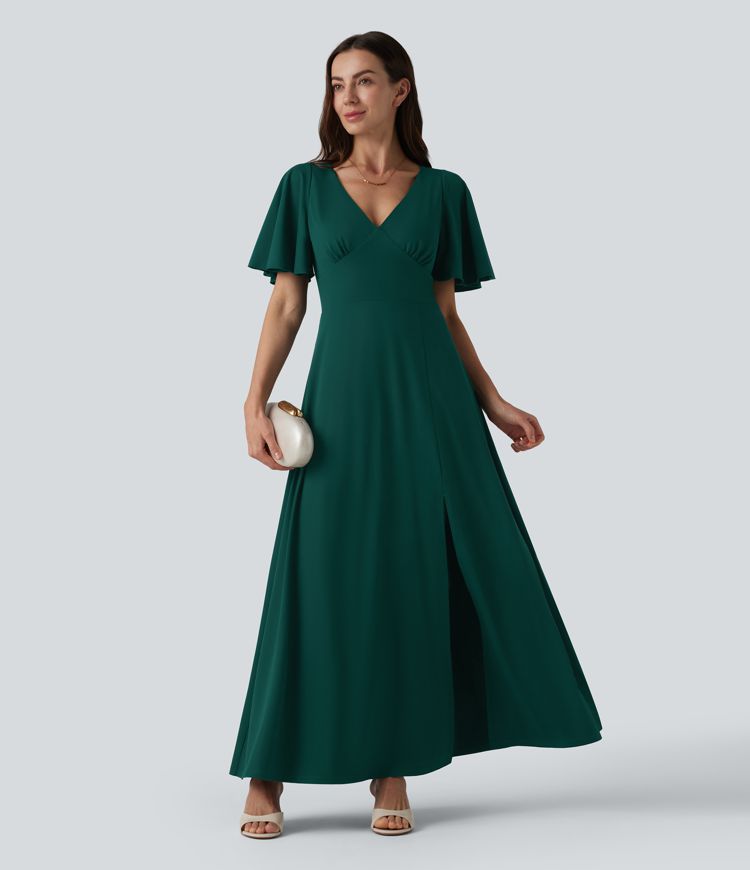 Robe longue fluide de demoiselle d'honneur et d'invitée de mariage, fendue, à manches à volants et décolleté en V profond, avec soutien-gorge intégré et poches.