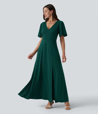 Robe longue fluide de demoiselle d'honneur et d'invitée de mariage, fendue, à manches à volants et décolleté en V profond, avec soutien-gorge intégré et poches.