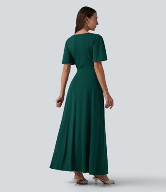 Robe longue fluide de demoiselle d'honneur et d'invitée de mariage, fendue, à manches à volants et décolleté en V profond, avec soutien-gorge intégré et poches.