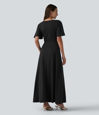 Robe longue fluide de demoiselle d'honneur et d'invitée de mariage, fendue, à manches à volants et col V profond, avec soutien-gorge intégré et poches